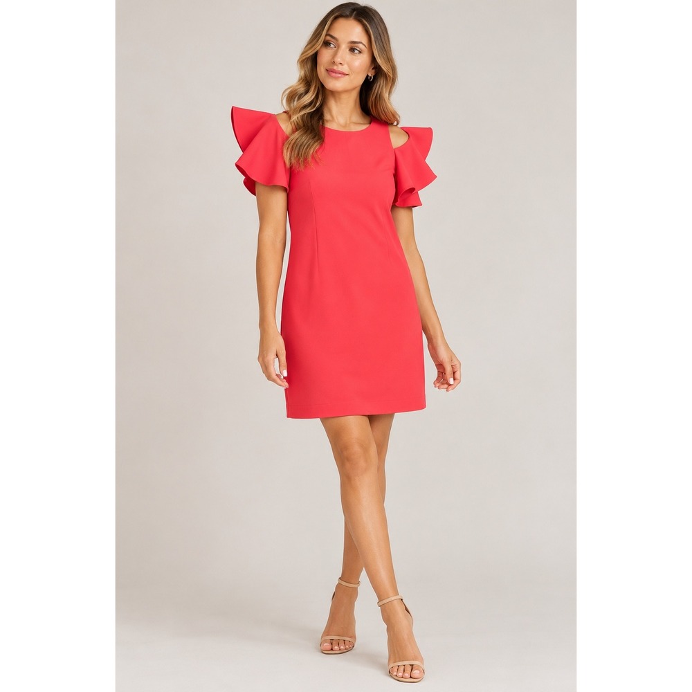 Cynthia Rowley Coral Pink Cold Shoulder Ruffle Sleeve Shift Dress Size 6
